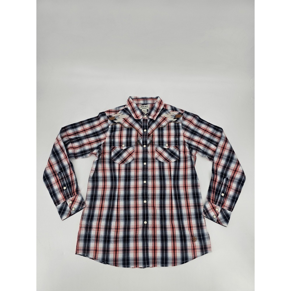 NWOT Ariat REAL Dynamic Snap Embroidered Aztec Western Catamaran Navy Sz Medium